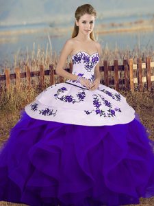 Comfortable Floor Length White And Purple Quinceanera Gown Tulle Sleeveless Embroidery and Ruffles and Bowknot