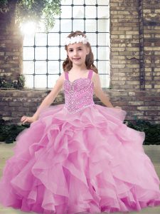  Lilac Lace Up Girls Pageant Dresses Beading and Ruffles Sleeveless Floor Length