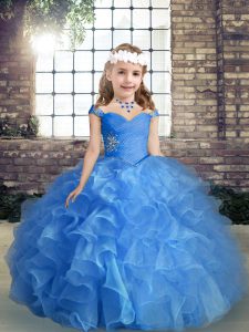  Straps Sleeveless Organza Girls Pageant Dresses Beading and Ruching Lace Up