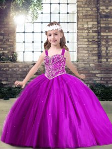Affordable Sleeveless Floor Length Beading Lace Up Kids Formal Wear with Fuchsia