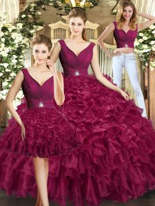 Sumptuous V-neck Sleeveless Ball Gown Prom Dress Floor Length Ruffles Burgundy Organza