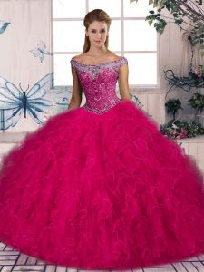  Beading and Ruffles Sweet 16 Dress Hot Pink Lace Up Sleeveless Brush Train