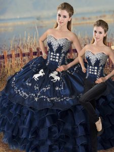  Navy Blue Sweetheart Lace Up Embroidery and Ruffles Quinceanera Dress Sleeveless