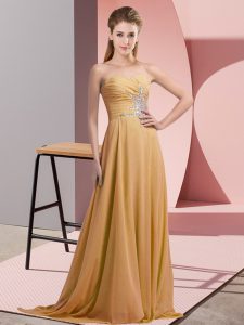  Floor Length Gold Prom Gown Chiffon Sleeveless Beading