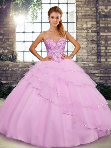  Lilac Tulle Lace Up Sweetheart Sleeveless 15th Birthday Dress Brush Train Beading and Ruffled Layers