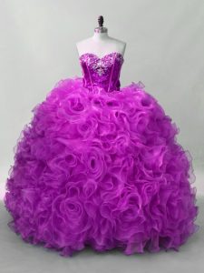 Fantastic Floor Length Purple Quinceanera Dress Organza and Fabric With Rolling Flowers Sleeveless Sequins