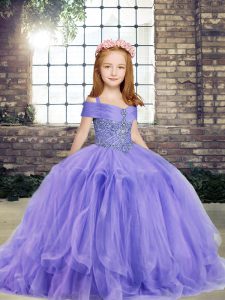 Dramatic Lavender Taffeta and Tulle Lace Up Off The Shoulder Sleeveless Floor Length Pageant Gowns For Girls Beading
