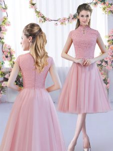 Luxurious Pink A-line Lace Dama Dress Zipper Tulle Cap Sleeves Tea Length