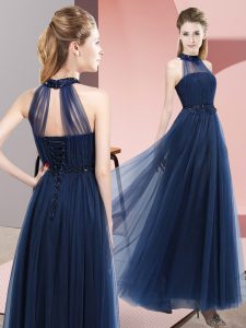  Navy Blue Tulle Lace Up Dama Dress Sleeveless Floor Length Beading and Appliques