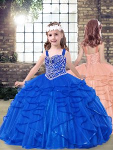 Perfect Royal Blue Ball Gowns Beading and Ruffles Pageant Gowns For Girls Lace Up Tulle Sleeveless Floor Length