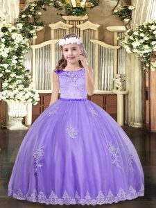 Beauteous Lavender Ball Gowns Lace and Appliques Pageant Gowns For Girls Zipper Tulle Sleeveless Floor Length