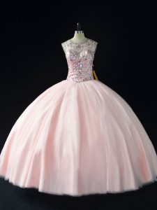  Ball Gowns Ball Gown Prom Dress Pink Scoop Tulle Sleeveless Floor Length Lace Up