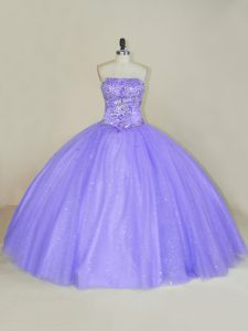  Ball Gowns Sweet 16 Dress Lavender Strapless Tulle Sleeveless Floor Length Lace Up