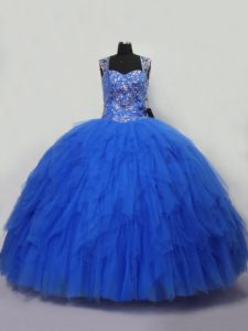 Dazzling Floor Length Lace Up Sweet 16 Quinceanera Dress Blue for Sweet 16 and Quinceanera with Beading and Ruffles