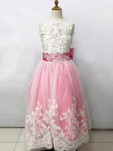  Pink And White Empire Beading and Lace and Bowknot Toddler Flower Girl Dress Lace Up Tulle Sleeveless Floor Length