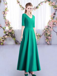 Fantastic Turquoise Satin Zipper V-neck Half Sleeves Ankle Length Dama Dress Ruching
