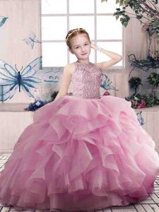 Superior Pink Zipper Little Girls Pageant Dress Beading and Ruffles Sleeveless Floor Length