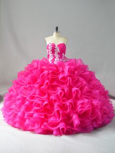  Sleeveless Appliques and Ruffles Lace Up Sweet 16 Dresses with Hot Pink