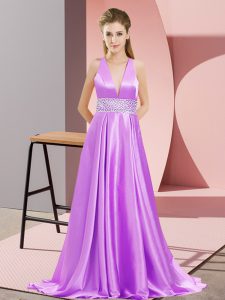 Cute Lavender Backless Prom Dress Beading Sleeveless Brush Train