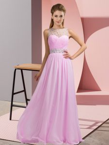 Attractive Pink Empire Chiffon Scoop Sleeveless Beading Floor Length Backless Prom Gown