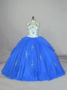 Delicate Blue Tulle Lace Up Quinceanera Gowns Sleeveless Floor Length Appliques and Embroidery