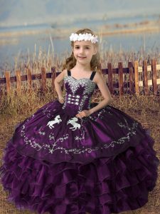  Dark Purple Sleeveless Floor Length Embroidery and Ruffled Layers Lace Up Little Girls Pageant Dress