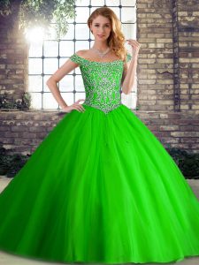  Green Ball Gowns Off The Shoulder Sleeveless Tulle Brush Train Lace Up Beading Quinceanera Gown