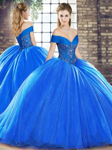  Royal Blue 15th Birthday Dress Organza Brush Train Sleeveless Beading