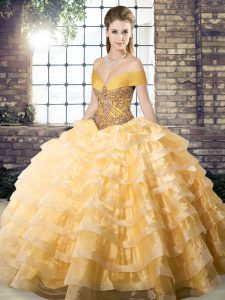 Noble Gold Off The Shoulder Neckline Beading and Ruffled Layers Quinceanera Gowns Sleeveless Lace Up