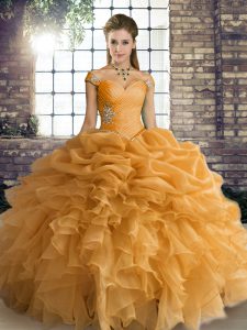 New Arrival Organza Off The Shoulder Sleeveless Lace Up Beading and Ruffles and Pick Ups Sweet 16 Dress in Orange