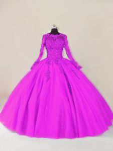  Purple Zipper Sweet 16 Dress Lace and Appliques Long Sleeves Floor Length