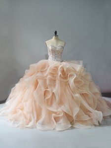 Customized Sleeveless Brush Train Lace Up Beading and Ruffles Quinceanera Gown