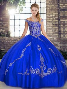 Beautiful Tulle Off The Shoulder Sleeveless Lace Up Beading and Embroidery 15 Quinceanera Dress in Royal Blue