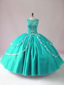  Turquoise Tulle Zipper Scoop Sleeveless Floor Length Quinceanera Gown Beading