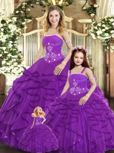 Best Selling Sleeveless Tulle Floor Length Lace Up Sweet 16 Dresses in Purple with Beading and Ruffles