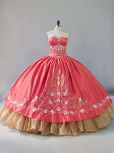  Watermelon Red Ball Gowns Satin and Organza Sweetheart Sleeveless Embroidery Floor Length Lace Up Sweet 16 Quinceanera Dress