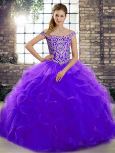  Off The Shoulder Sleeveless Tulle Sweet 16 Quinceanera Dress Beading and Ruffles Brush Train Lace Up