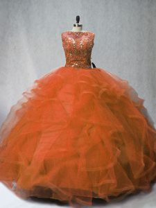  Rust Red Lace Up Beading and Ruffles Sweet 16 Quinceanera Dress Brush Train Sleeveless