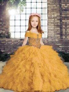 Beauteous Gold Straps Neckline Beading Little Girl Pageant Gowns Sleeveless Lace Up