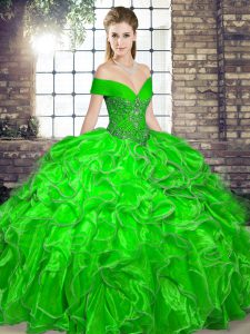  Floor Length Lace Up Ball Gown Prom Dress Green for Military Ball and Sweet 16 and Quinceanera with Beading and Ruffles