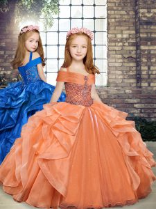 Cute Straps Sleeveless Kids Pageant Dress Floor Length Beading and Ruffles Orange Organza