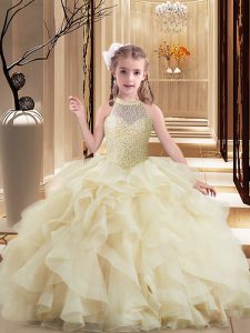 Light Yellow Ball Gowns Tulle High-neck Sleeveless Beading and Ruffles Lace Up Child Pageant Dress Brush Train