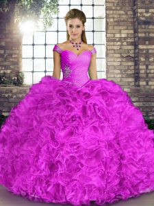  Lilac Organza Lace Up Off The Shoulder Sleeveless Floor Length Sweet 16 Dresses Beading and Ruffles
