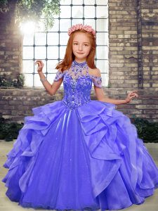  Ball Gowns Little Girl Pageant Gowns Blue Halter Top Organza Sleeveless Floor Length Lace Up