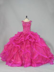 Fabulous Hot Pink Organza Lace Up Scoop Sleeveless 15 Quinceanera Dress Brush Train Beading and Ruffles