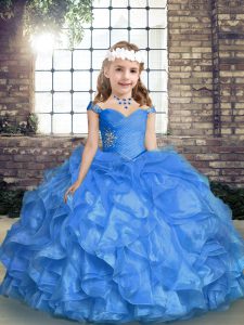 Discount Straps Sleeveless Organza Kids Formal Wear Beading and Ruffles and Ruching Lace Up