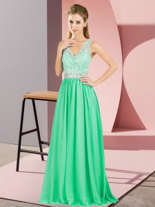 Apple Green Sleeveless Floor Length Beading and Lace and Appliques Backless Homecoming Dress