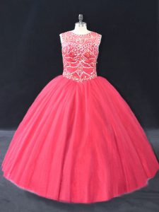 Coral Red Tulle Lace Up Scoop Long Sleeves Floor Length Sweet 16 Dress Beading