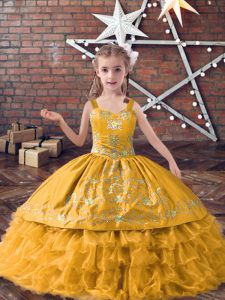 Cute Sleeveless Lace Up Floor Length Embroidery and Ruffled Layers Kids Pageant Dress