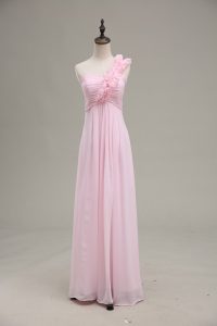  Floor Length Baby Pink Prom Evening Gown Chiffon Sleeveless Ruching